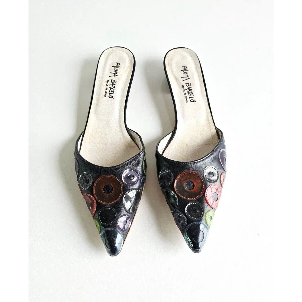 PALOMA BARCELO Leather Pointed Toe Mules Multicolor Circle Accents Sz 41 10.5 - Picture 2 of 11